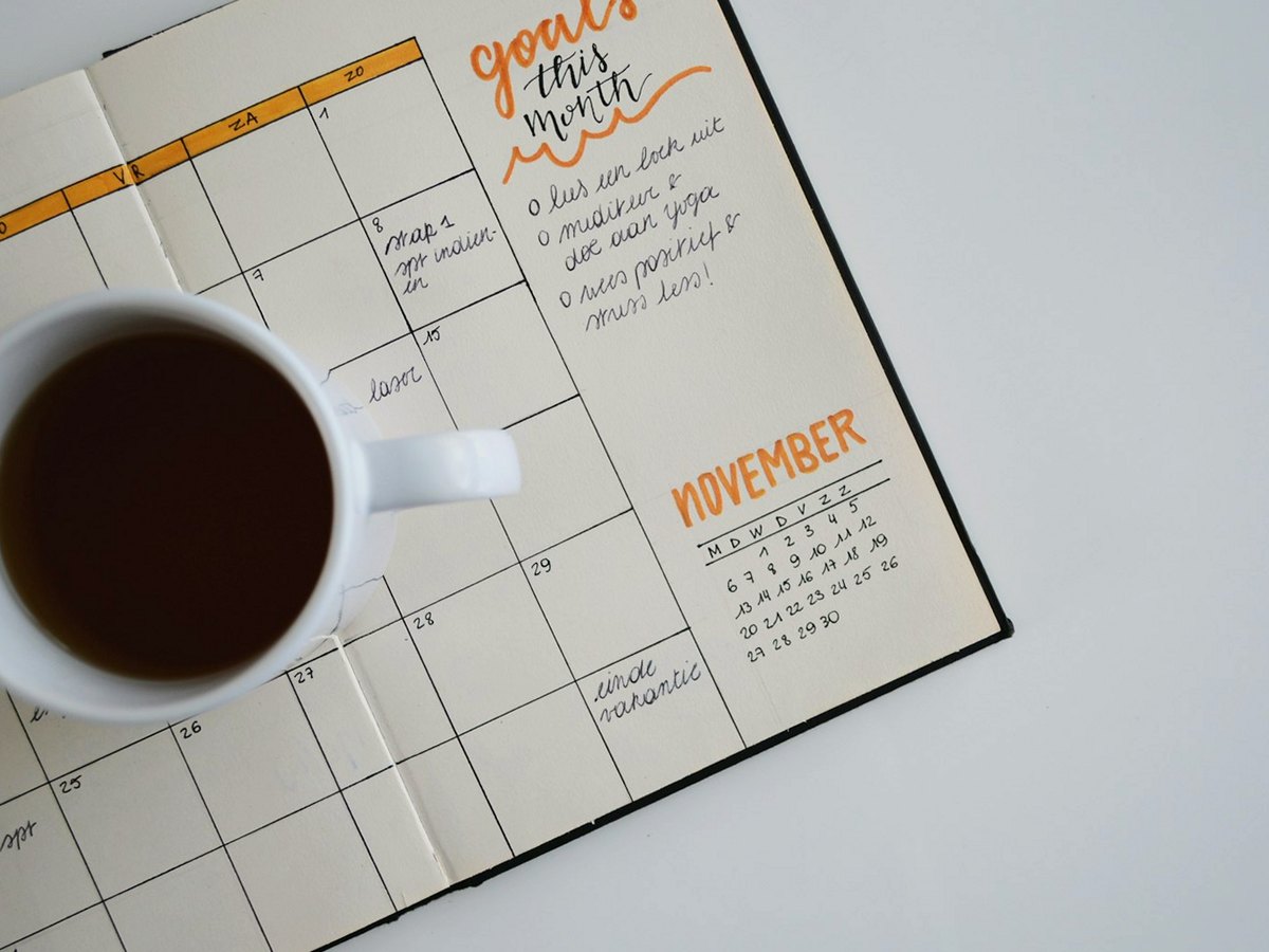Open monthly planner with goals this month written on the page